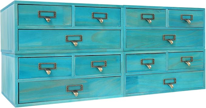 Stackable Wooden Desk Storage Box, 12 Drawers Tabletop Organizer, Blue | 4-Pack Countertop Apothecary Cabinet, Vintage Library Card Catalog Storage Cabinet with Metal Label Handles for Office Home - Image 3