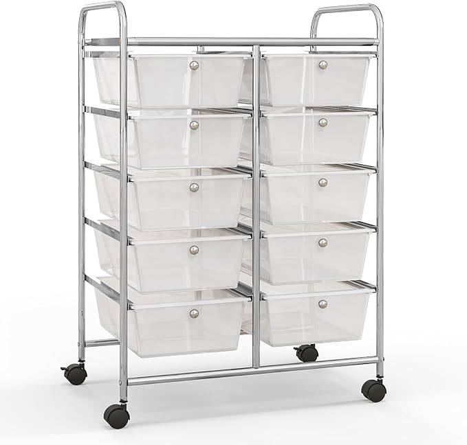 Giantex 10 Drawers Rolling Cart, Classroom Organizers, Storage Cart with Wheels, for Teacher Office Home School Supplies Tool Craft Art Paper, Clear White - Image 9