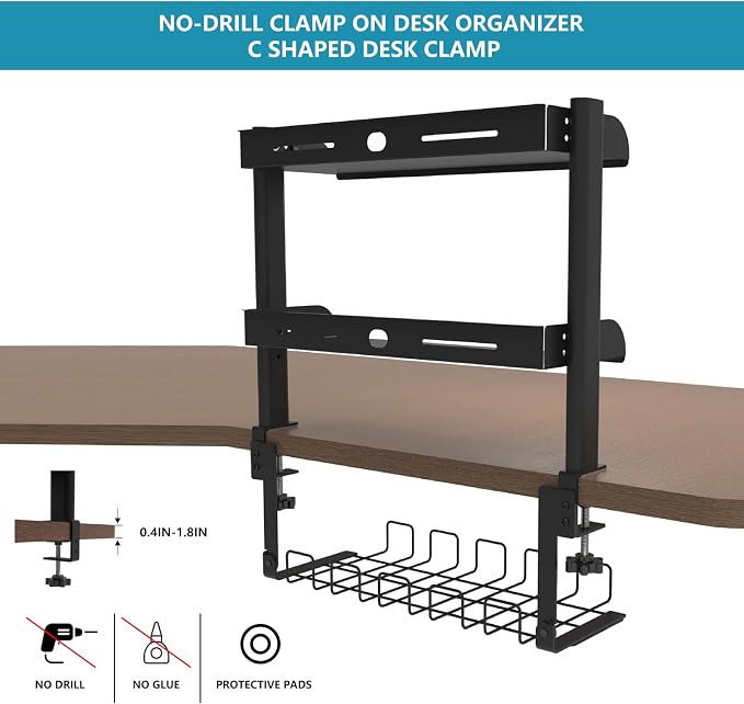 Clamp on Desk Shelf,3 Tier Desktop Organizer,Adjustable Clamp on Desk Top Organizer with Under Desk Hidden Storage Basket&Hooks,No Drilling Desk Clamp Storage Shelves for Working Gaming Accessories - Image 5