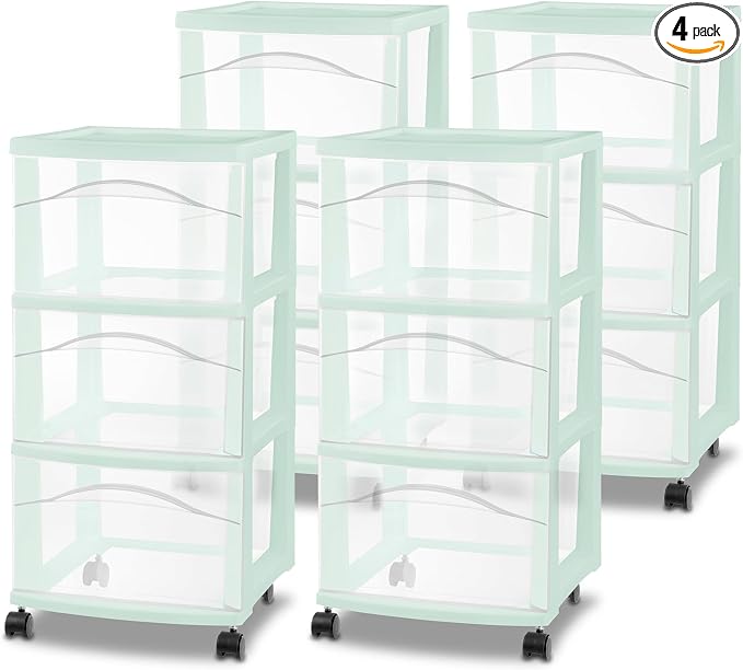 Sterilite 4 Pack 3 Drawer Storage Cart, Plastic Rolling Organization, Mint | Clear Plastic Organizer Drawers with Wheels for Craft Supplies, Bath Essentials, or Home Accessories by Sterilite