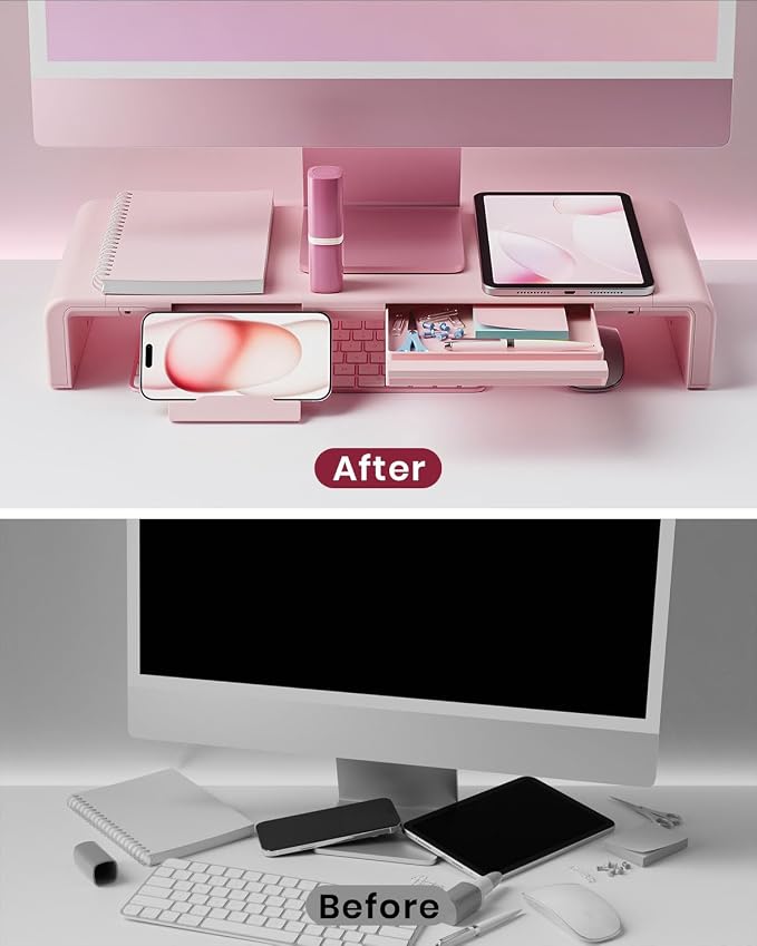 Pink Monitor Stand Riser, Klearlook Foldable, Height Adjustable Computer Stand, Desk Shelf Riser with Storage Drawer &Tablet Phone Stand for Desktop, Laptop - Image 6