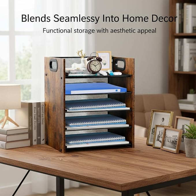 Desk Organizer - 5-Tier Desktop File Organizer, Wooden Paper Tray Organizer, Office Desk Organzier and Accessories for Papers, Mail, Notebooks, Stationery - Image 5