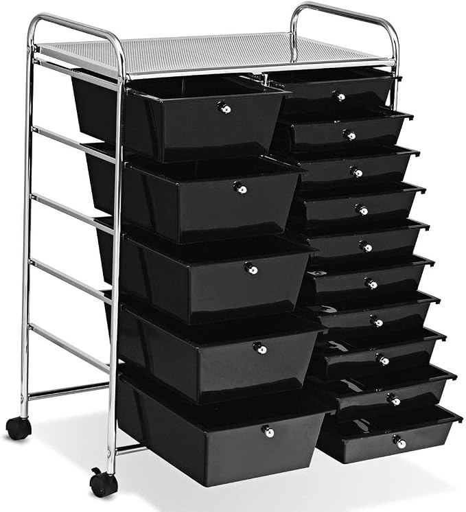 COSTWAY 15 Drawer Rolling Storage Cart, Mobile Utility Cart with Lockable Wheels, Drawers, Multipurpose Organizer Cart for Home, Office, School, Black - Image 4