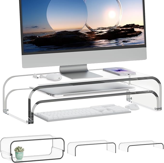 Acrylic Dual Monitor Stand Riser 2 Tier, Modular Laptop Stand for Desk, Multifunctional Desktop Organizer Shelf for PC, iMac, Printer, Detachable Monitor Stand for Office or Home, Clear by ERGOCOLLECT