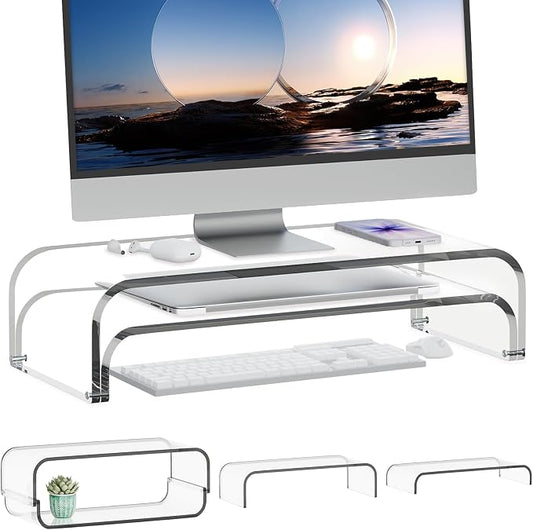 Acrylic Dual Monitor Stand Riser 2 Tier, Modular Laptop Stand for Desk, Multifunctional Desktop Organizer Shelf for PC, iMac, Printer, Detachable Monitor Stand for Office or Home, Clear by ERGOCOLLECT
