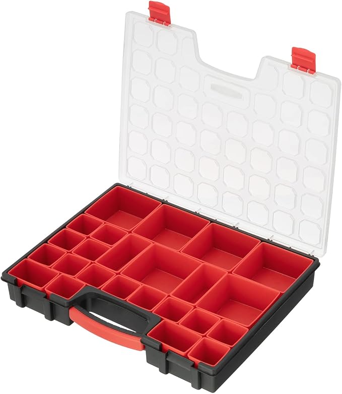 INTERTOOL Hardware Organizer with 24 Removable Bins - Small Parts Storage Tool Box for Nuts, Bolts, Screws, Nails - Portable Handle Transparent Lid with Locks BX08-4033 by INTERTOOL