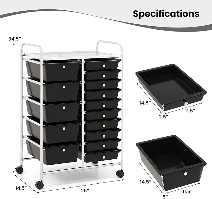 Giantex 15 Drawer Rolling Storage Cart Tools Scrapbook Paper Office School Organizer, Black - Image 3