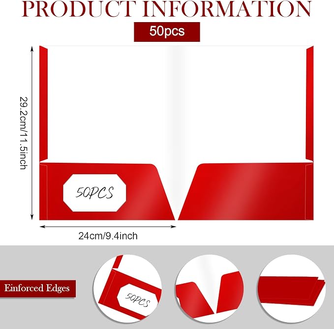 Jutom 50 Pcs 2 Pocket Glossy Paper Folders Glossy Paper Laminated Portfolios, Letter Size, Presentation Folders with Pockets for Office Teacher Worker Supplies(Red Color) - Image 2
