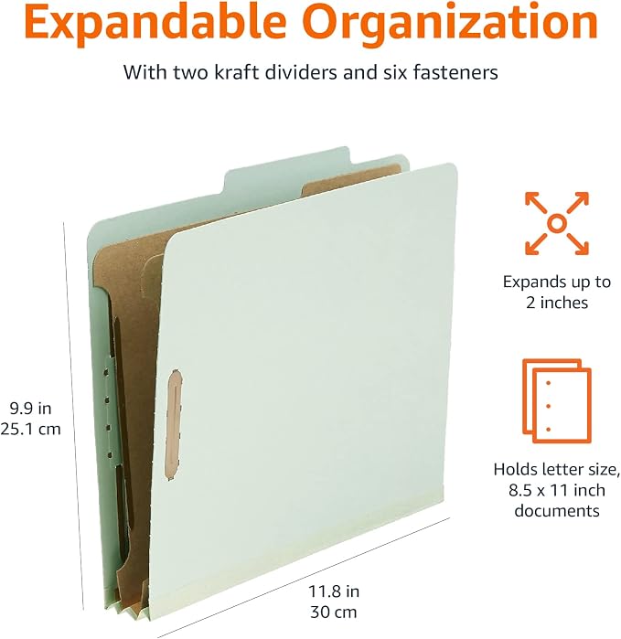 Amazon Basics Sturdy Pressboard Classification File Folders with Fasteners, Dividers, 2" Expansion for Documents Organization, 11.97 x 10.55 inch, Green, 10-Pack - Image 5