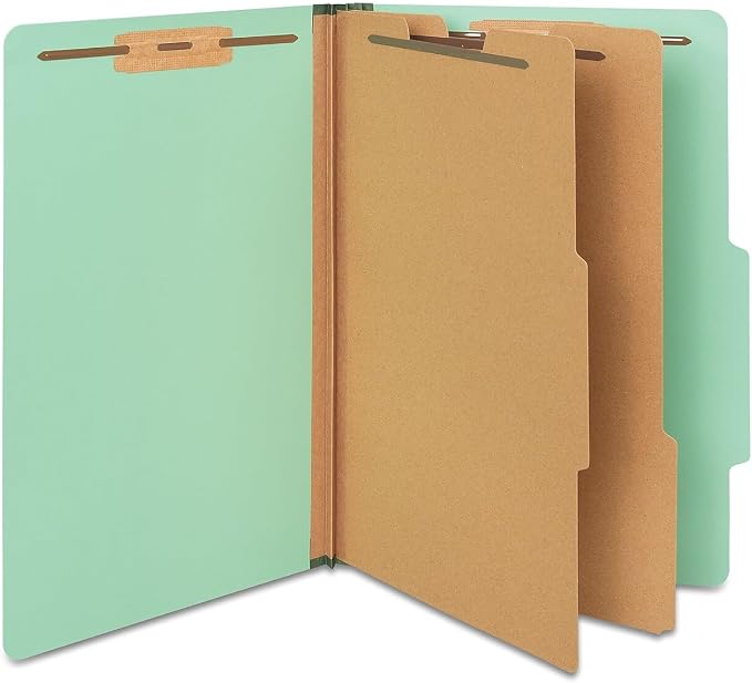 Staples Pressboard Classification Folder, Legal Size, 2/5‑Cut Top Tab, 2 Dividers, Green, Durable Construction, 20/Box by Staples