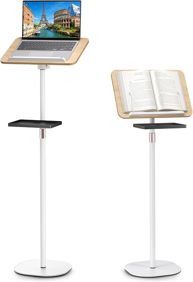 2 in 1 Adjustable Floor Book Stand & Music Stand with Removable Tray, 19.7" to 51.2" Foldable Reading Book Holder with Page Clips for Laptop, Cookbooks, Sheet Music, Wooden Podium Stand for Projector by Beolisav