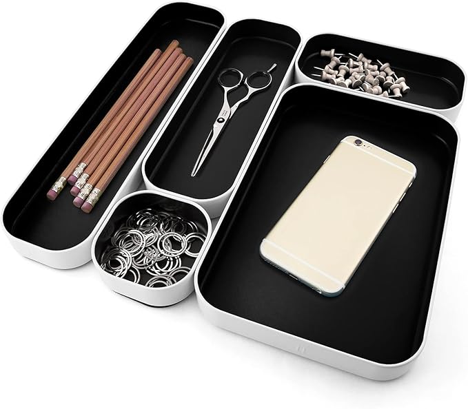 Three by Three Seattle Metal Drawer Organizer Tray Set, 5-Pc, 1" (Black) | Colorful 1" metal bins; food-safe; soft non-scratch base; kitchen, bathroom, vanity, desk & office drawers - Image 4