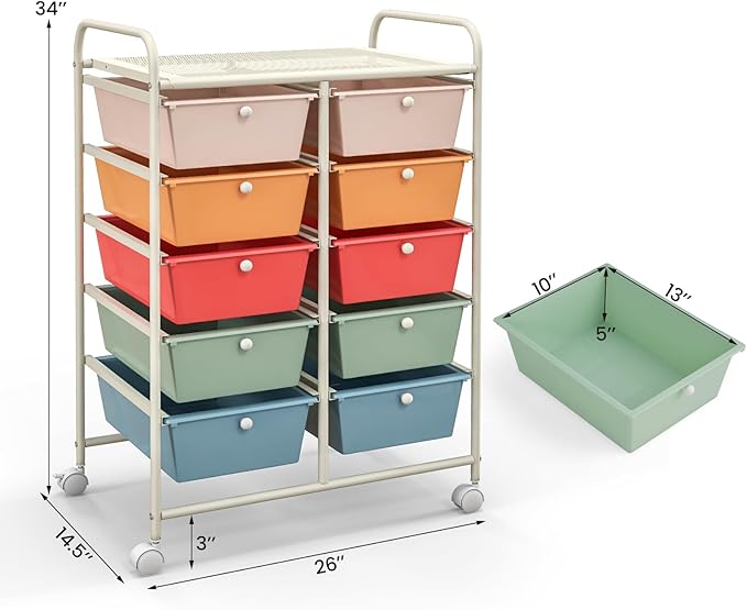 Giantex 10 Drawers Rolling Cart, Classroom Organizers, Storage Cart with Wheels, for Teacher Office Home School Supplies Tool Craft Art Paper, Multicolor - Image 3