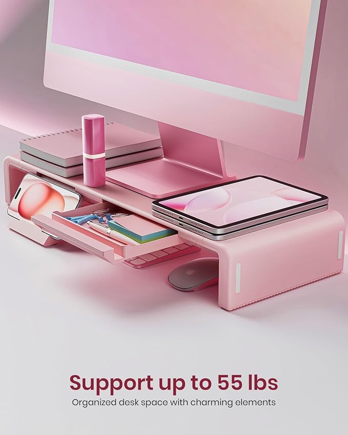 Pink Monitor Stand Riser, Klearlook Foldable, Height Adjustable Computer Stand, Desk Shelf Riser with Storage Drawer &Tablet Phone Stand for Desktop, Laptop - Image 2