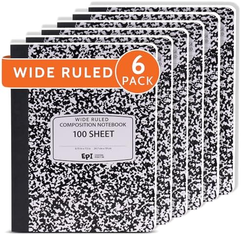 6 Pack - EPI Marble Hardcover Wide Ruled Composition Notebook | 200 Pages (100 Sheets), 9.75 x 7.5 in, Sturdy Sewn Binding | School, Office, Journaling, Notes by EPI