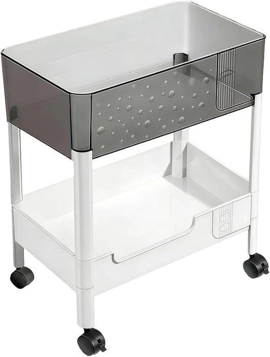 2 Tier Rolling Cart with Wheels for Under Desk Storage, Heavy Duty Plastic Short Small Utility Cart for Small Space Makeup Vanity Bathroom Laundry, 4.7'' Deep Baskets for Tall Bottles