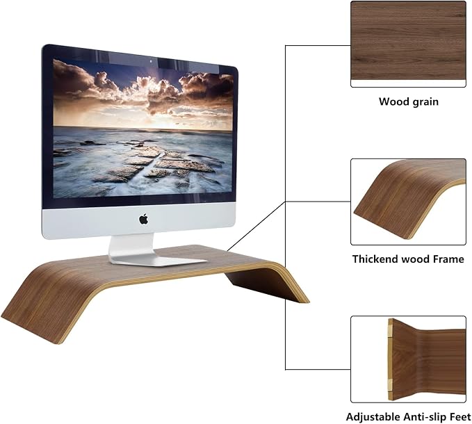 Wooden Computer Monitor Stand Save Space Desktop Riser for Computers LCD Monitors Laptop PC iMac Notebook Apple MacBook(Black Walnut) - Image 2