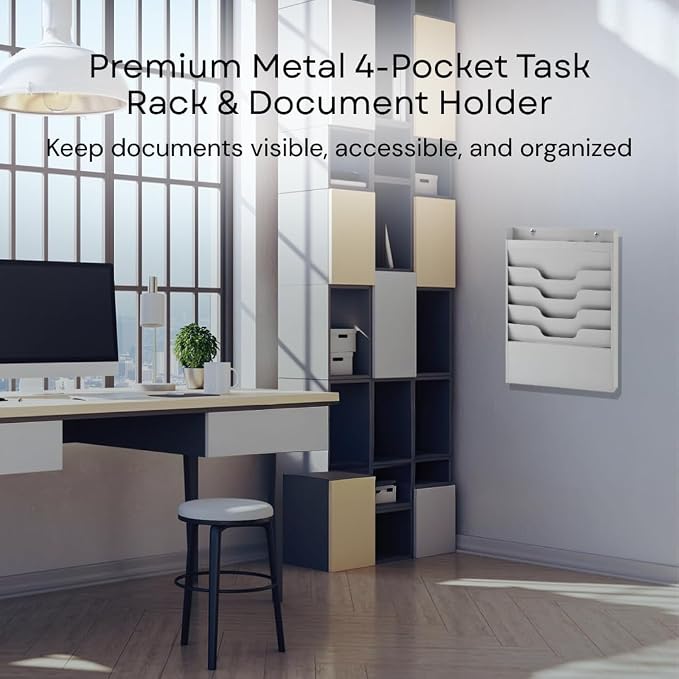 4 Tier Wall Mounted File Organizer, Metal Task Rack for Office Documents, Mail & Folders, Space-Saving Office Wall Organizer, Graywhite 19.5”H - Image 2