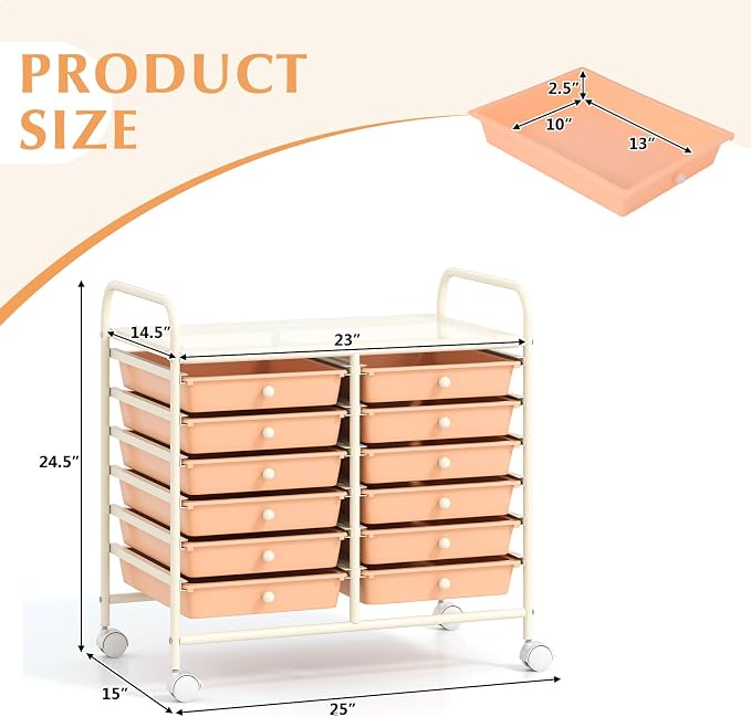 GOFLAME 12-Drawer Rolling Storage Cart, Multifunctional Art Craft Organizer Cart, Mobile Utility Storage Cart with Removable Drawers & Lockable Wheels, Craft Cart for Home Office School, Peach Fuzz - Image 3