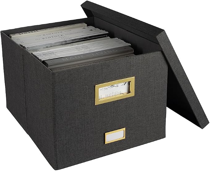 BLU MONACO | Desktop Hanging File Organizer Box with Lid | Hanging File Organizer for Desk in Grey Linen | File Bins with Lids for School and Office Storage by Blu_Monaco