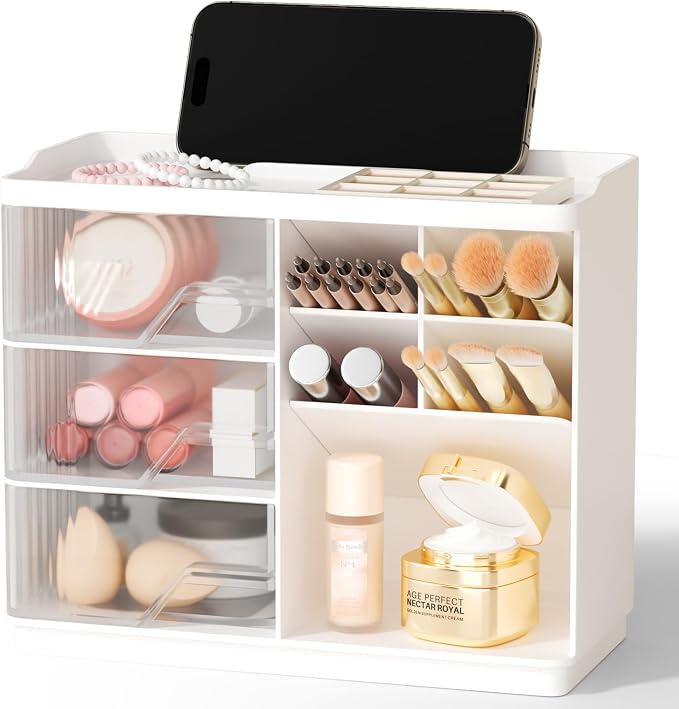 Small Makeup Organizer with Drawers, Stackable Bathroom Couneter Organizer with Phone Holder, Versatile Vanity Organizer Countertop, Cosmetic Organizer for Makeup Brush, Skin Care, Lotion -White,1Pack by FULLMEET
