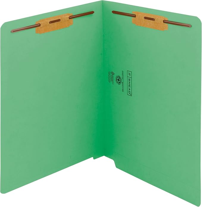 Smead End Tab Fastener File Folder, Shelf-Master® Reinforced Straight-Cut Tab, 2 Fasteners, Letter Size, Green, 50 per Box (25140) by SMEAD