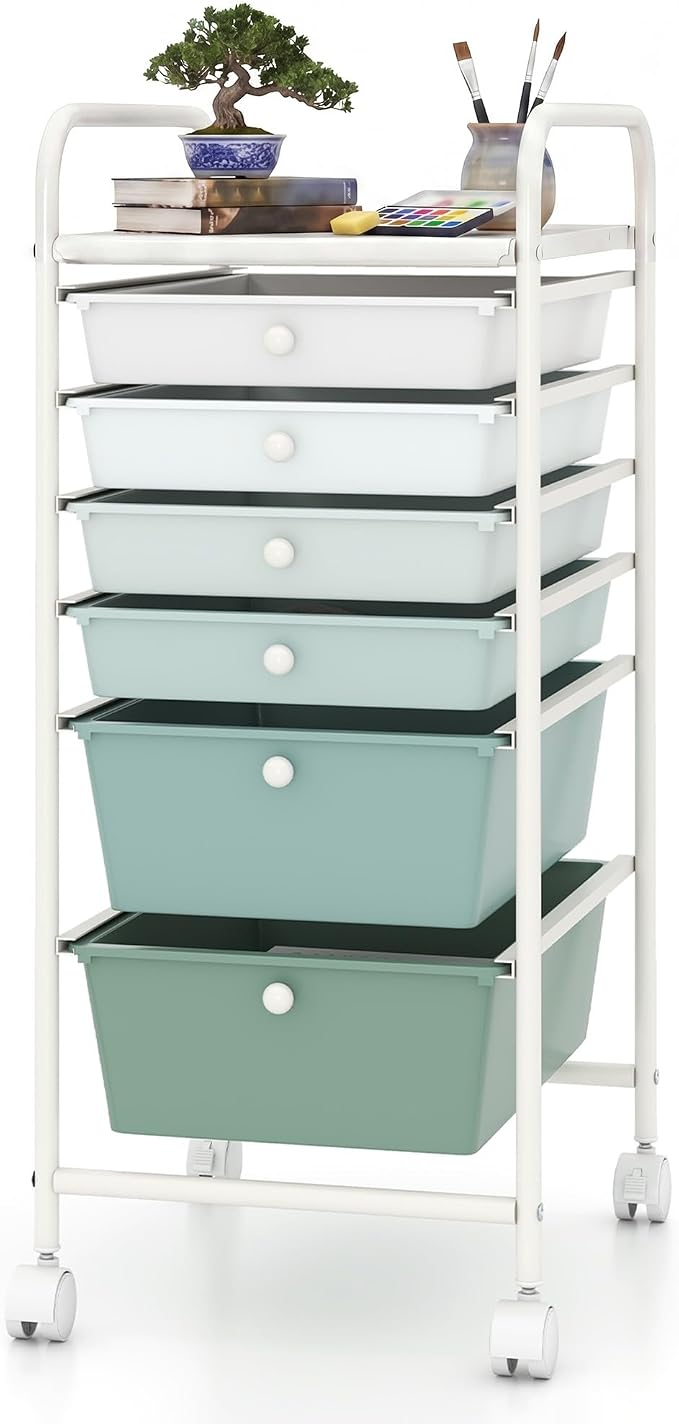 COSTWAY 6-Drawer Rolling Storage Cart, Art Craft Tools Organizer on Wheels | Multifunctional Heavy Duty Utility Mobile Storage Trolley w/ 2 Lockable Wheels for Home Office School (Green Gradient) by COSTWAY