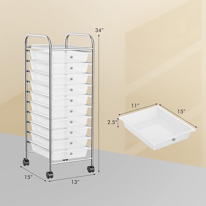 Storage Cart, Rolling Utility Cart with 10 Drawers, Portable Handles & Lockable Wheels, Mobile Paper Toys Storage Organizer Large Capacity for Home Office School Teacher (Clear) - Image 3
