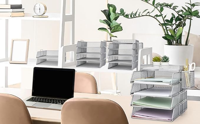 EXERZ Paper Trays Stackable 6pcs including 4 x Sorters, 1 x Top Tray,1 x Side Basket - Metal Desk Organiser/File Holder - Office, School - Image 5