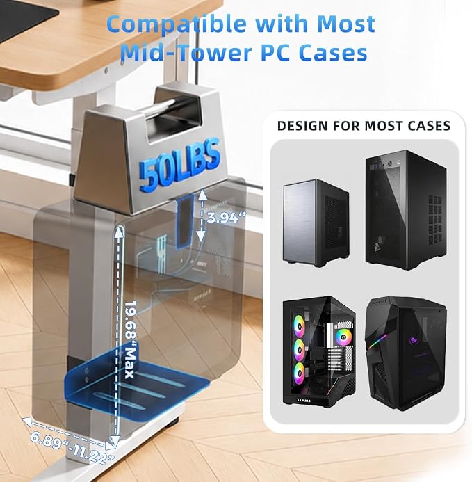 Under Desk PC Mount for Standing Desk, Clamp-On CPU Holder, 50lbs Capacity | Clamp-on for 65-80mm legs. Holds 50lbs, open frame cooling. No-drill, 15-min install. Fits mid-tower PCs. - Image 6