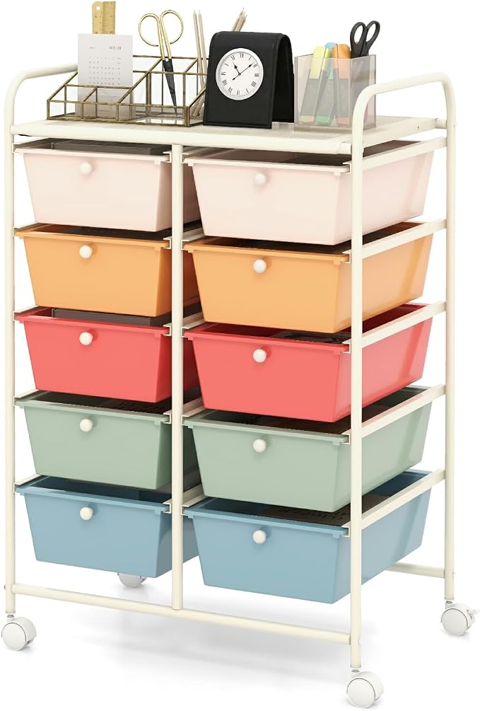 Moccha 10-Drawer Rolling Storage Cart - Under Desk Storage Drawers with wheels for Craft Art Supply Paper Salon, Scrapbook Paper Tools, Mobile Utility Cart for Classroom, Macaron by LDAILY
