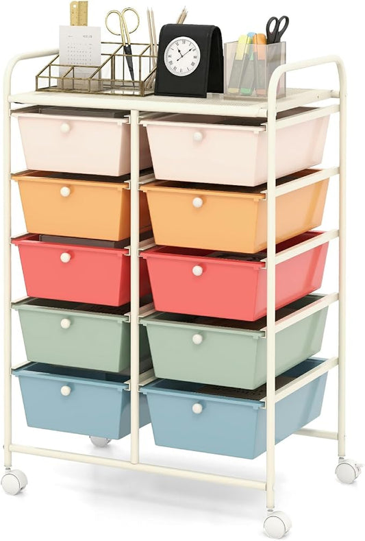 Moccha 10-Drawer Rolling Storage Cart - Under Desk Storage Drawers with wheels for Craft Art Supply Paper Salon, Scrapbook Paper Tools, Mobile Utility Cart for Classroom, Macaron by LDAILY