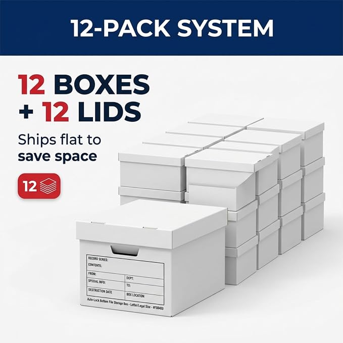BOX USA Boxes with Lids and Handles (12-Pack) - File Storage Boxes for Office Supplies, Book Storage, Moving, and Packaging - Image 6