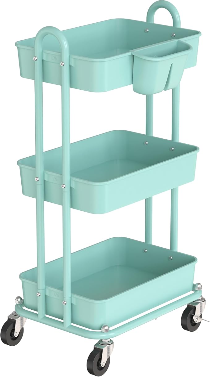Simple Houseware 3-Tier Rolling Utility Cart with Hanging Bucket, Turquoise | Storage for Bathroom, Kitchen, Office, Study Room, Nursery Diaper by SimpleHouseware
