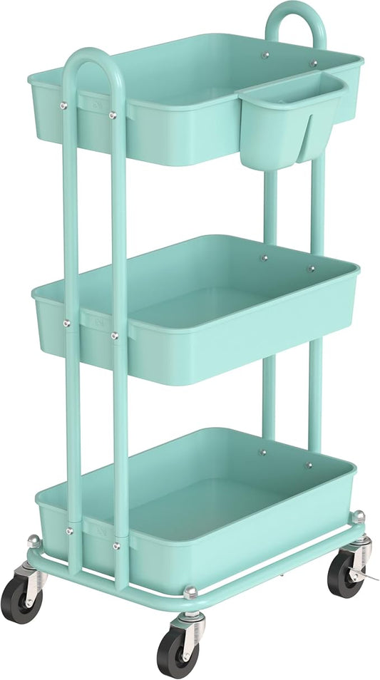 Simple Houseware 3-Tier Rolling Utility Cart with Hanging Bucket, Turquoise | Storage for Bathroom, Kitchen, Office, Study Room, Nursery Diaper by SimpleHouseware
