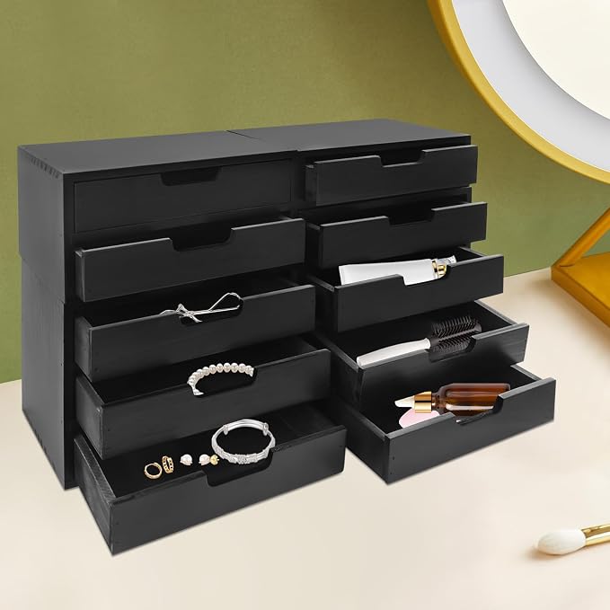 4-Piece Wood Drawer Cabinet Set, Desktop Storage Organizers, 10-Drawer Tabletop Storage Organizer, Desktop Wood Stackable Drawer Cabinet for Home Office Dormitory(Black) - Image 2