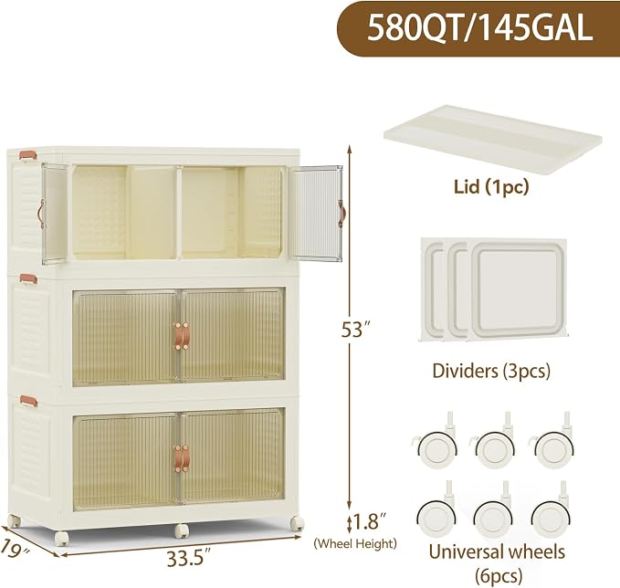 SAILUN 579Qt Stackable Storage Bins,Storage Cabinet with a Lid,3 Pack Cream | Stackable Storage Drawers with Lids,33.5" W x 19" D x 53" H,Featuring open-front Access for Clothes and Closet Storage - Image 4