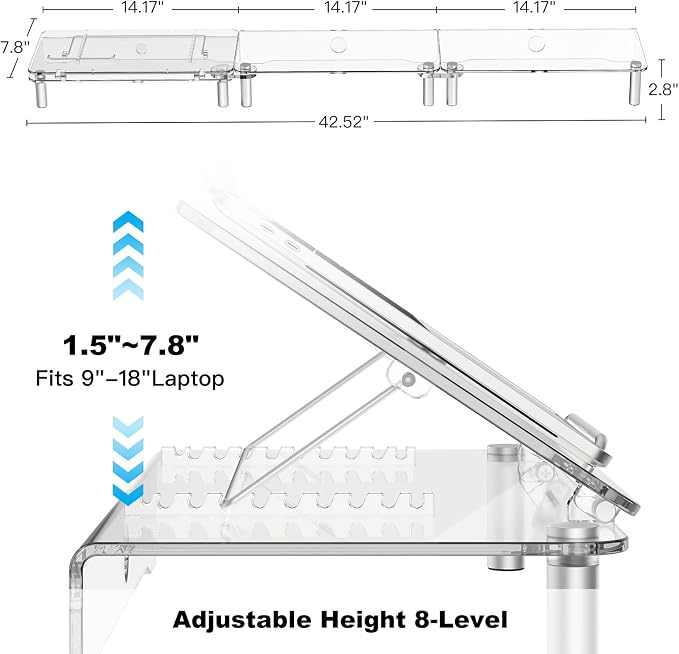Clear Acrylic Dual Monitor Stand Riser,Laptop Riser Adjustable to 8 Angles | Double Computer monitor riser for desk for 2 Monitors,Desktop organizer Stand for Laptop,PC,Printer,TV，Cute Desk Accessories - Image 2