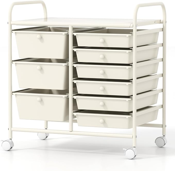 COSTWAY Rolling Storage Cart with 9 Drawer, Utility Cart with Metal Frame | Mobile Art Supply Craft Organizer, Multipurpose Storage Organizer for Paper, Office, School Teacher, Classroom, White by COSTWAY