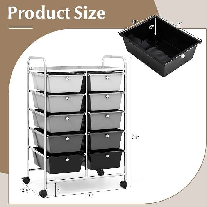 COSTWAY 10 Drawer Rolling Storage Cart, Utility Cart with Lockable Wheels | Mobile Art Supply Craft Organizer with Metal Frame, Multipurpose Drawer Cart for Paper for Office, School, Mixed Black - Image 3
