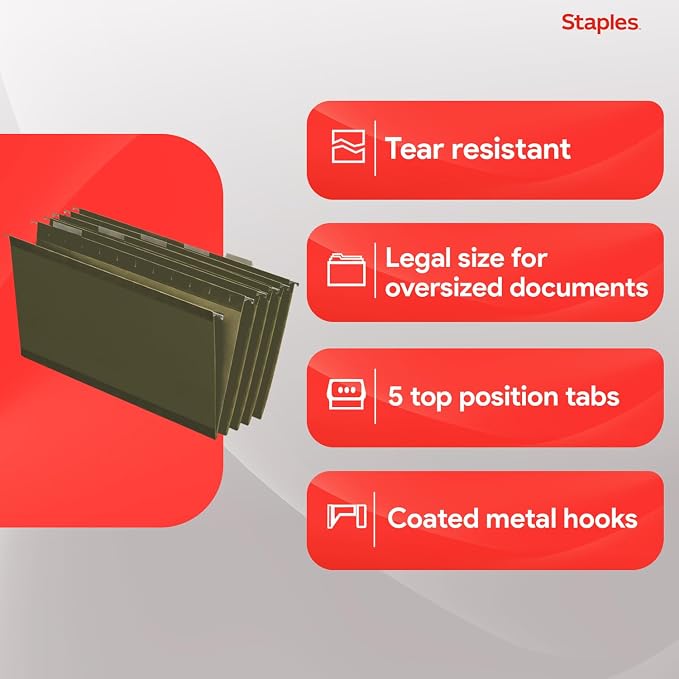 Staples 95% Recycled Hanging File Folder, 1/5-Cut Tab, Legal Size, Standard Green, 50/Box (ST490853/490853) | Reinforced top for durability; organizes documents in standard-size drawers. - Image 4