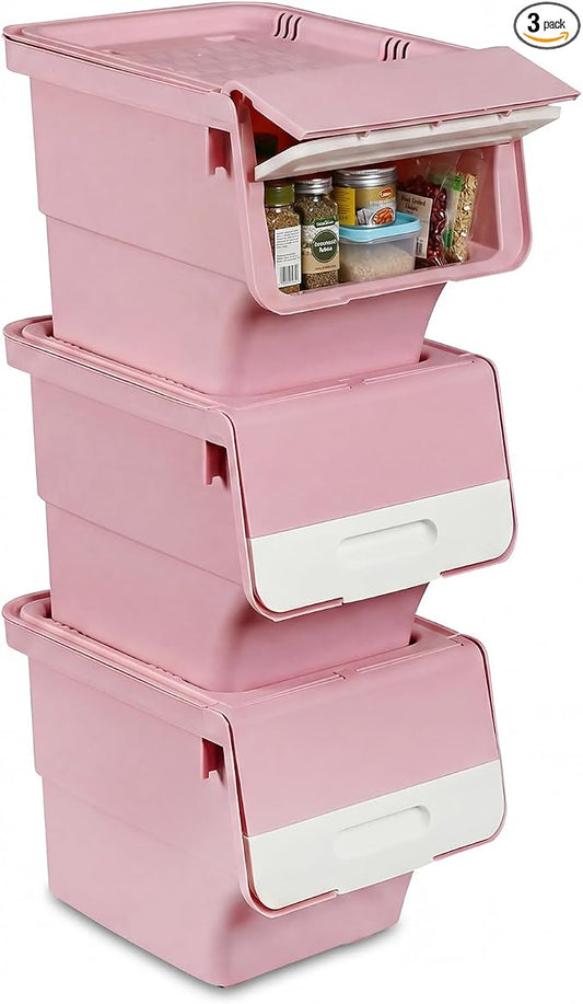 GIANTEX 3 Pack Plastic Stackable Storage Bins with Lids & Wheels, 12.5 QT | Open Front Stacking Bins, Organizer Bins for Pantry, Kitchen, Laundry, Closet, Playroom, Bedroom Organization by Giantex