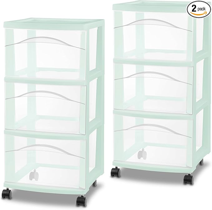 Sterilite 2 Pack 3 Drawer Storage Cart, Plastic Rolling Organization, Mint by Sterilite