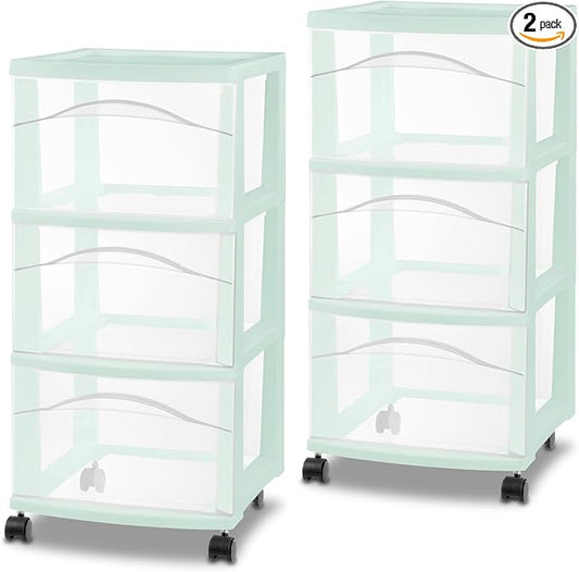 Sterilite 2 Pack 3 Drawer Storage Cart, Plastic Rolling Organization, Mint by Sterilite
