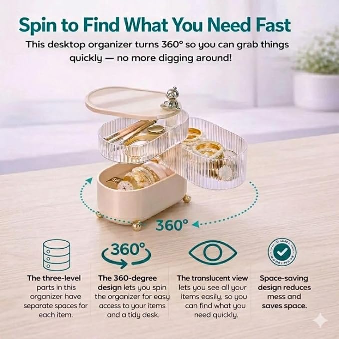 360 Rotating Desk Organizer, 3-Tier Removable Compartments | Jewelry Organizers and Storage, Hair Accessories Organizer, Makeup Vanity Tray, Cute Office Decor Women, Cable Holder - Image 4