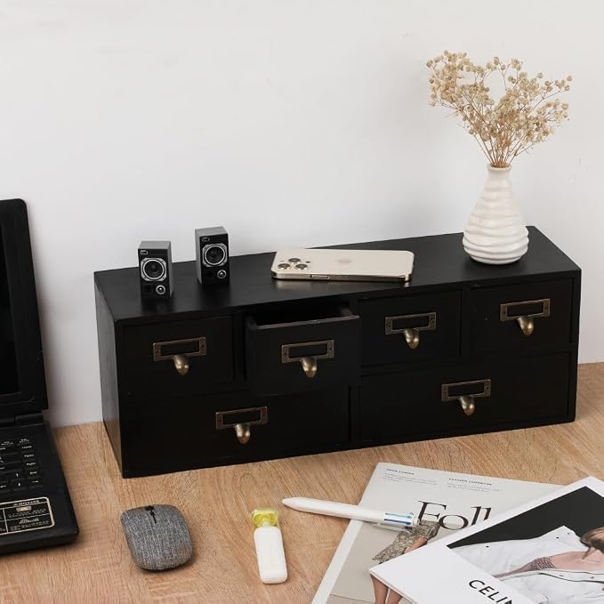 Apothecary Cabinet with Drawers, Apothecary Drawers, Black 6 Wood Drawer | Vintage Wooden Storage Box Wood Desktop Organizer with Drawer, Library Card Catalog Cabinet - Image 5