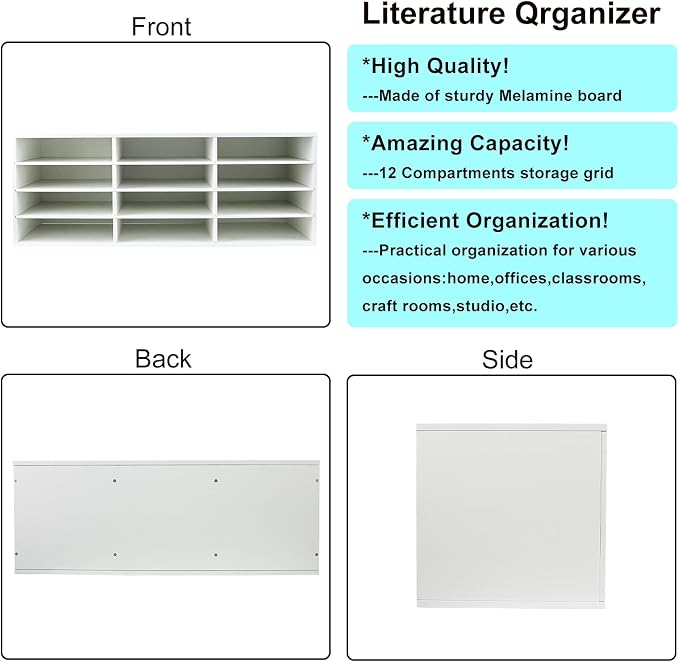Mail Sorter, Wood Countertop Literature Organizer, Student Mailbox for Classroom, Desktop Bill Paper Organizer for Office Home School, 12 Compartments, White - Image 2