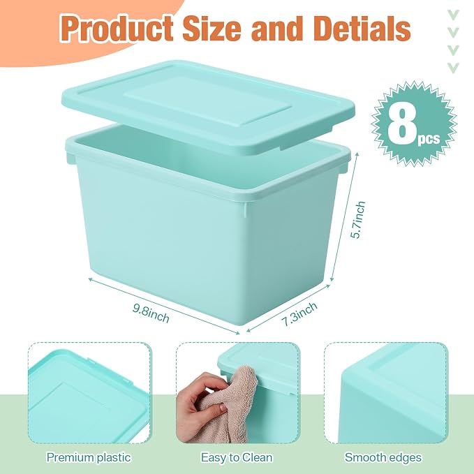 Potchen 8 Pack Small Stackable Storage Bins with Lids Plastic Storage Boxes for Classroom 9.8" ×7.3" ×5.7" Decorative Organizer Bins for Craft Art Office Teacher Supplies (Mixed Color) - Image 2