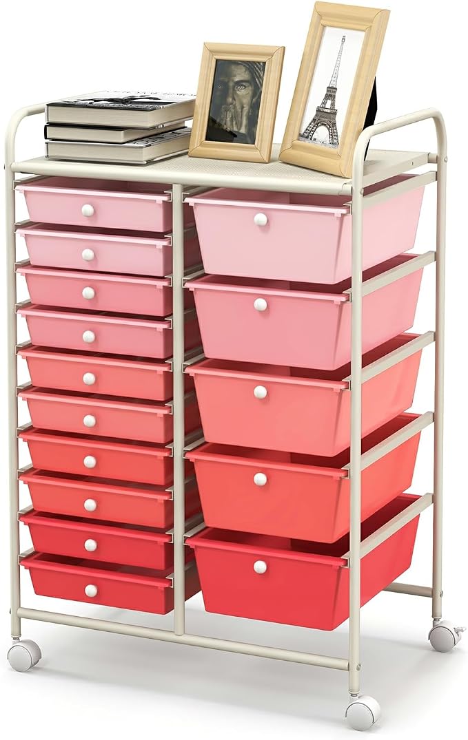 Moccha 15-Drawer Rolling Storage Cart - Under Desk Storage Drawers with wheels for Craft Art Supply Paper Salon, Scrapbook Paper Tools, Mobile Utility Cart for Classroom (15 Drawers, Gradient Pink) by LDAILY