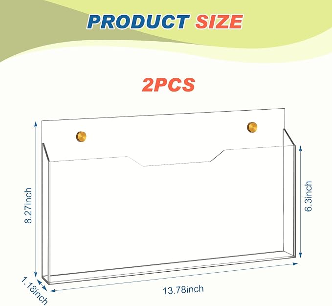 Feifeiya 2Pcs Clear Acrylic File Holder Wall Mount Mail Magazine Organizer File Holders with Screw Wall Office Document Storage Magazine Brochure(14"x8.3"x1.2",Horizontal,Clear) - Image 3